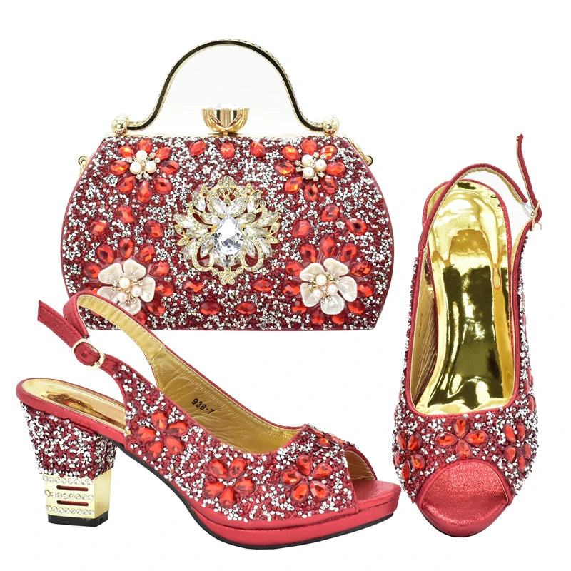 Italian Women Wedding Shoes and Bag Set Decorated with Rhinestone Africa Shoe and Bag Set Plus Size Heels 43 Wedding Shoes Bride