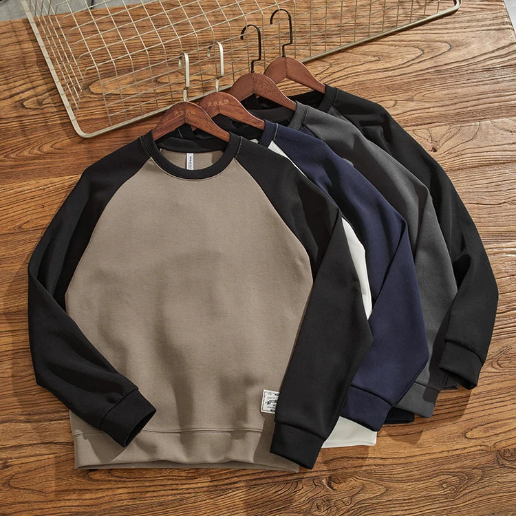 Herfst Nieuwe Amerikaanse Retro Tweekleurige Stiksels Hoodies Heren Gewassen O-hals Trui Gebreide Raglanmouwen Casual Sweatshirts