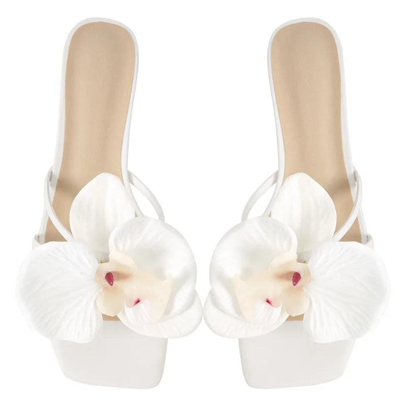 Women Square Toe Flower Mulesl Orchid Heels Slip On Thong 5CM Thin Heel Woman Sandals