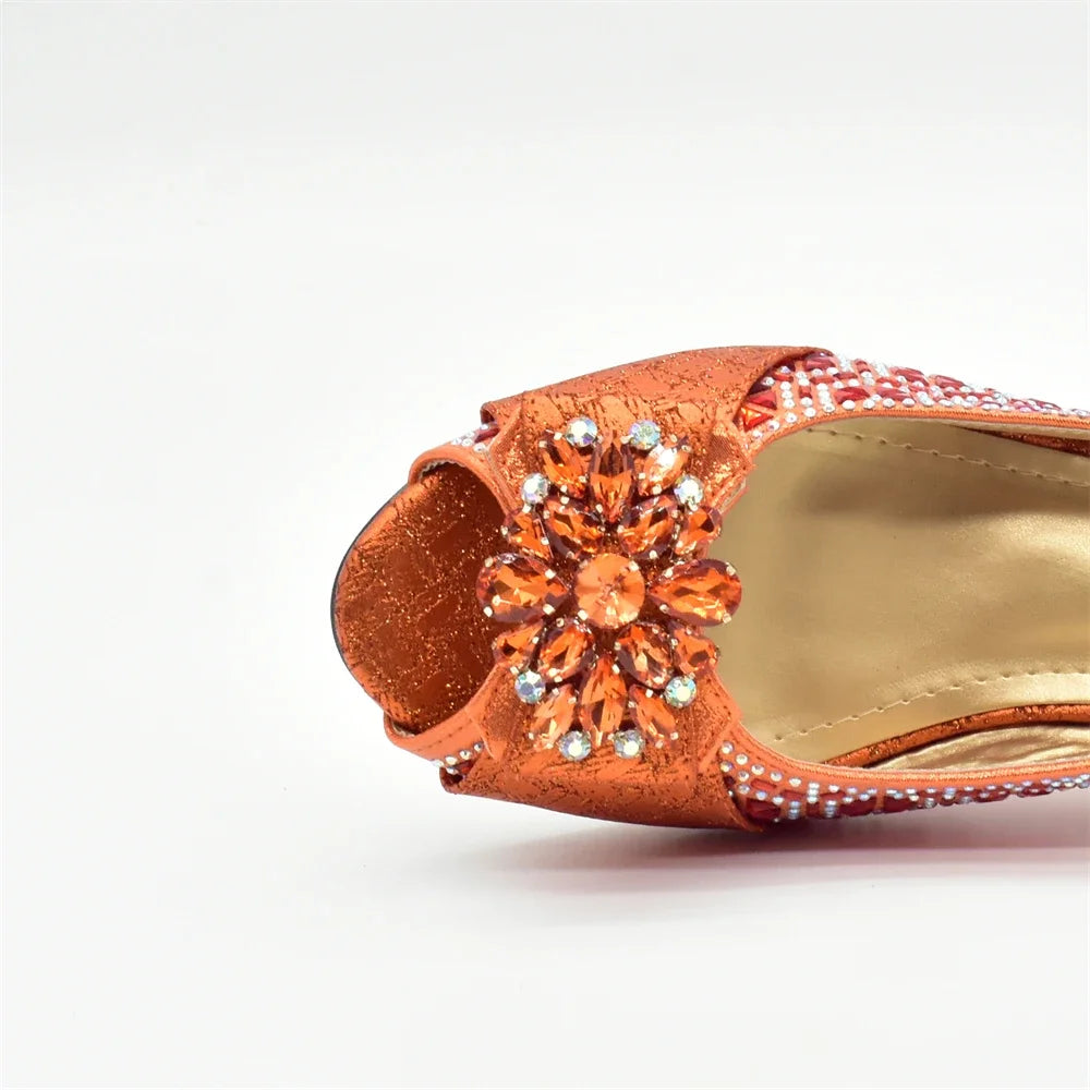 Orange Shoe and Bag Set Luxury Designer Shoes Women Matching Wedding Shoes and Bags Decorated with Rhinestone