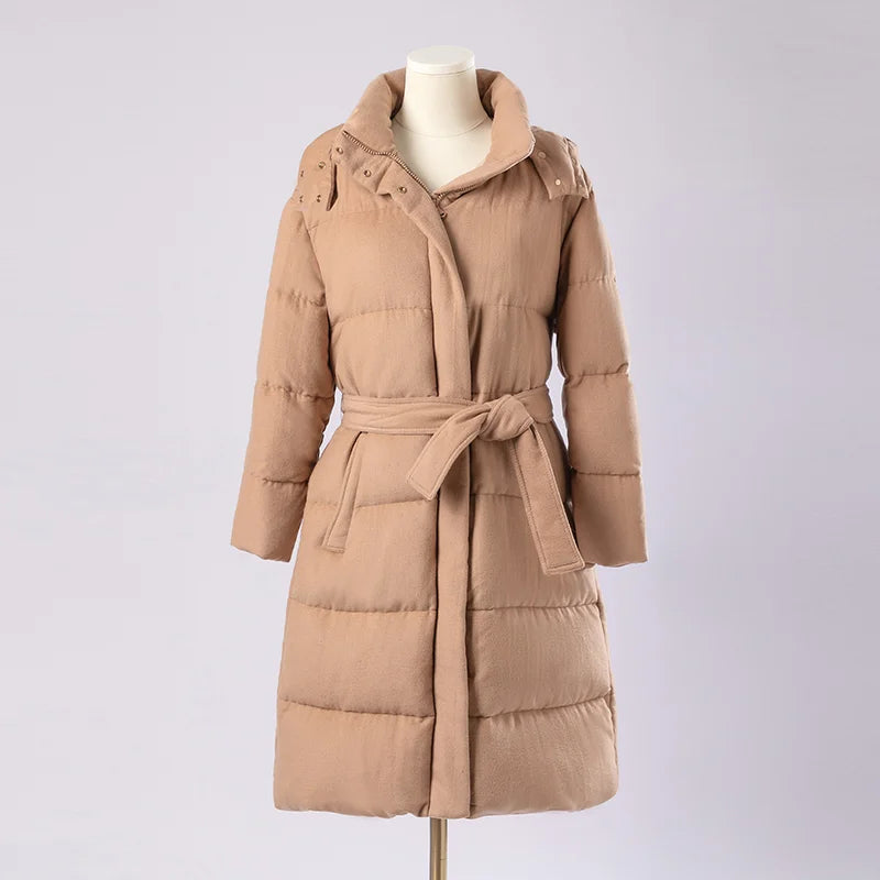 Women's Luxury Puffer Wool Winter Jacket, Duck Down Coat, Long Hat Detachable Hooded Outerwear For Ladies