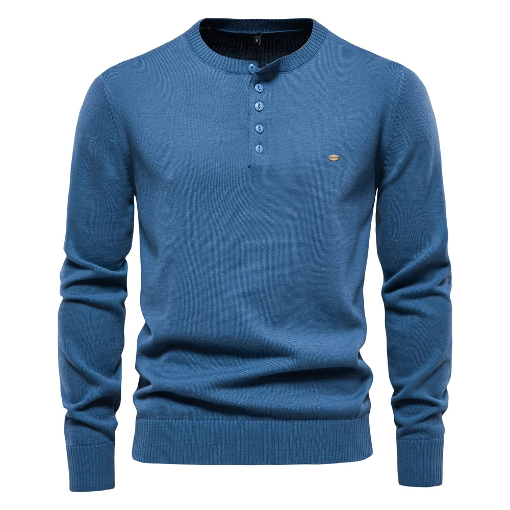 Men's Henley Collar Sweaters 100% Cotton Solid Colour Casual Pullovers Autumn Thin High Quality Sweaters for Men
