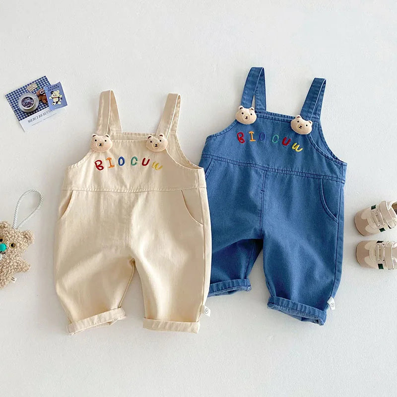 New Spring Kids Overall Children Cute Embroidered Letter Jeans Girls Boys Sweet Loose Casual Pants 0-5T Unisex