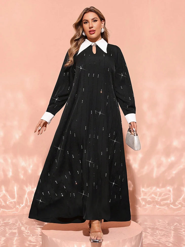 Women's New Plus Size Luxury Elegant Contrast Colour Turndown Collar Long Sleeve Maxi Loose Formal Arabian Party Dress