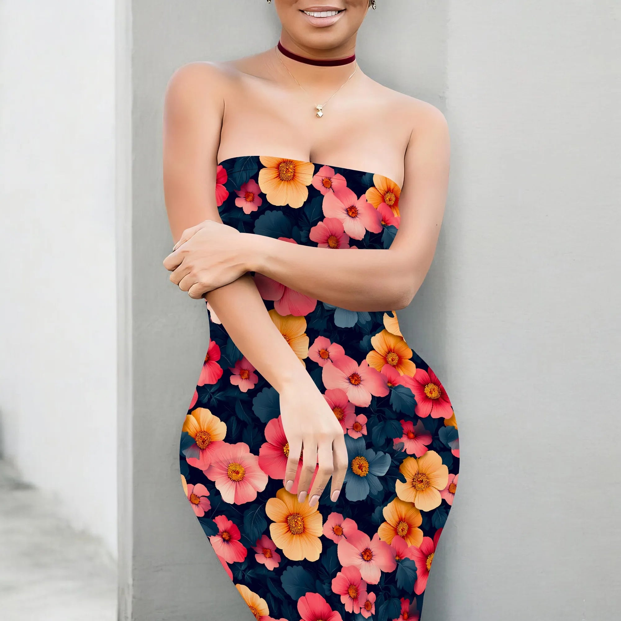 Women's Summer Casual Tube Top Sexy Strapless Bodycon Midi Drees Club Party Dresses