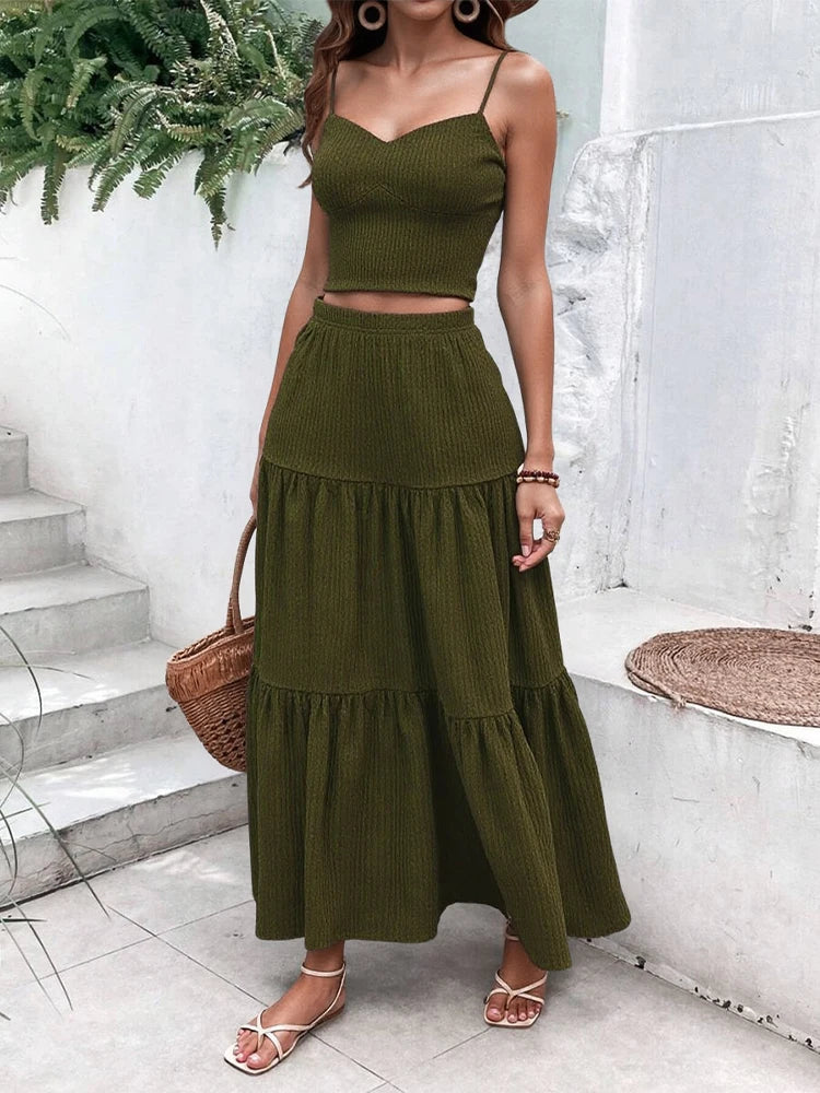 Sets Summer Simple Decent Solid Colour Screw Thread Sleeveless Sweetheart Neck High Waist Pleated Skirt Sets For Women