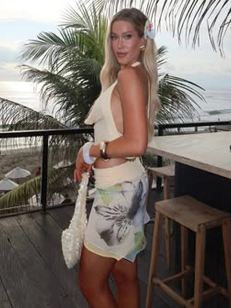 Temperament 2-Piece Set Women Halter Backless Swing Collar Tops + Wear Both Front And Back Patchwork Skirts Matching Suits