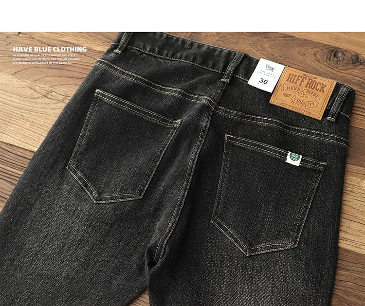 Herfst Nieuwe Amerikaanse Retro Zware Zwarte Denim Stretch Jeans Heren Eenvoudige Gewassen Oude Casual Rechte Slanke Potloodbroek