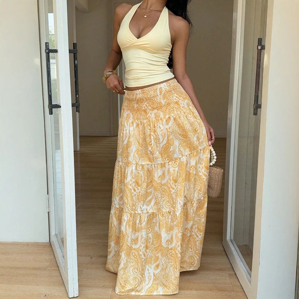 Women's Skirts Summer Elegant Fashion Korean 2025 Full Print Glamorous A-Line Maxi Business Skirts