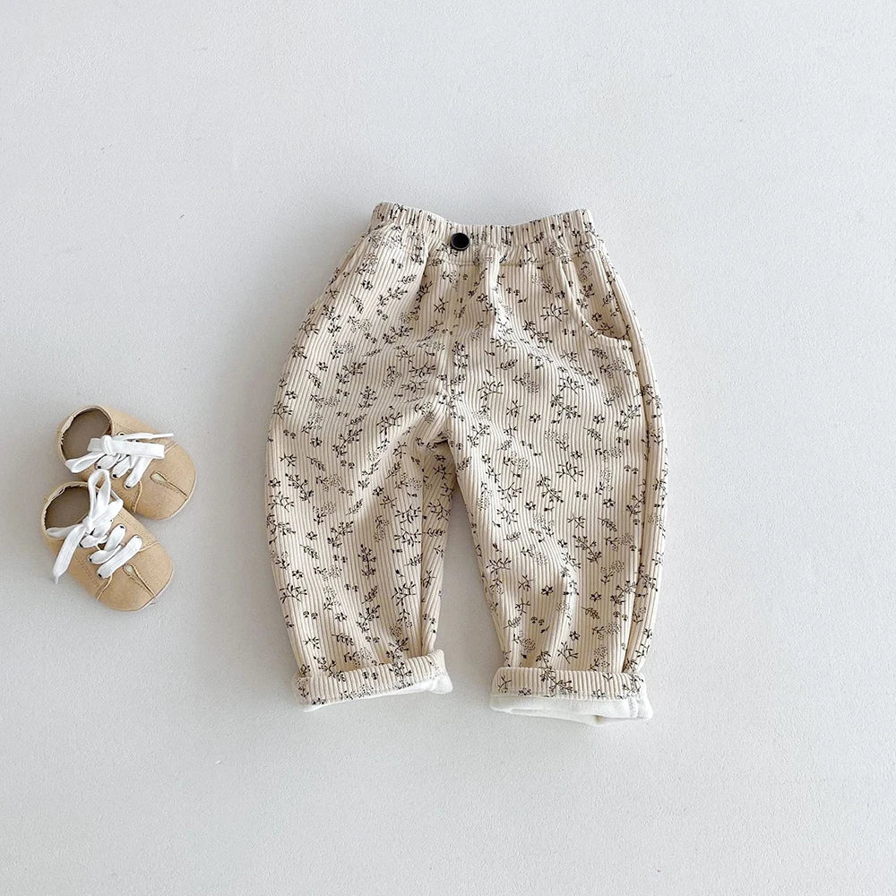 Autumn Kids Baby Pants Thickened Fleece Lining Floral Girls Trousers Warm Fashion Leopard Print Boys Pants Outwear 1-5Y Unisex
