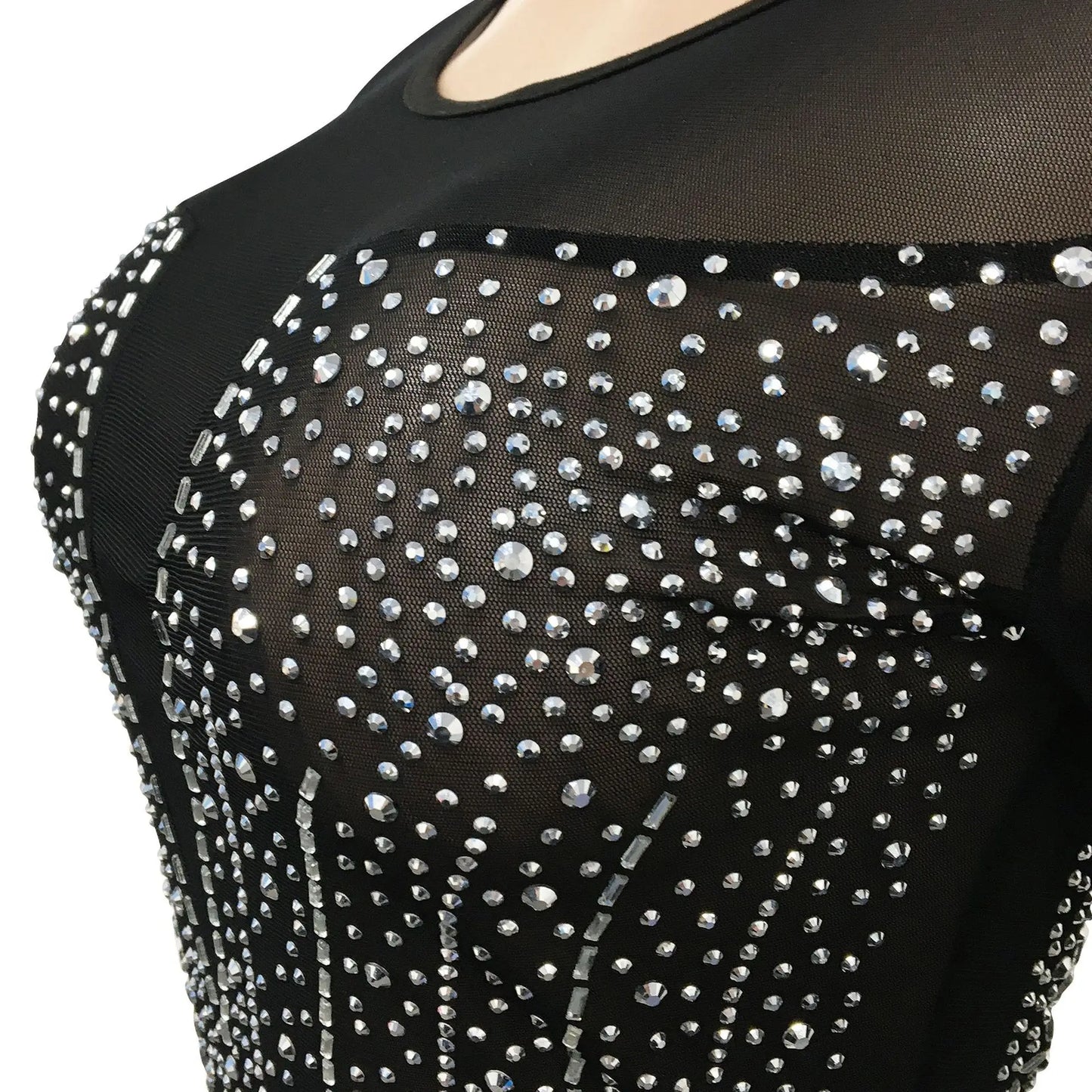 Sexy See Through Sheer Mesh Rhinestone Feather Long Sleeve Maxi Party Dress