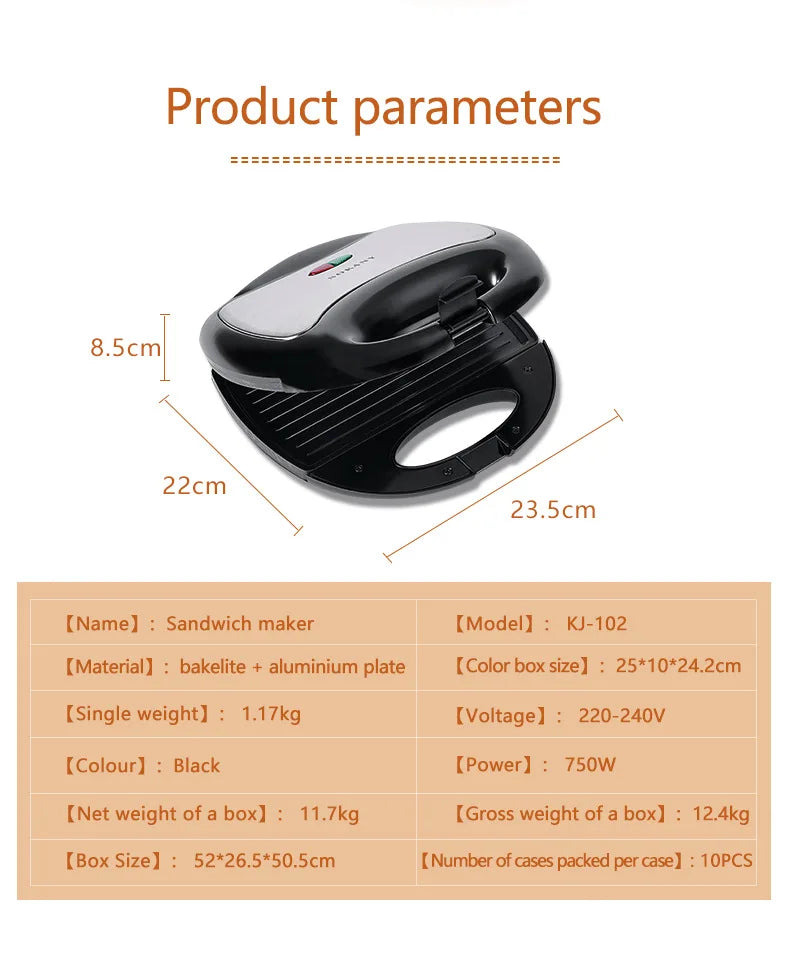 Breakfast Waffle Machine,  Sandwich Maker - Electric Toaster & Waffle Maker for Breakfast, Non-Removable, 750W