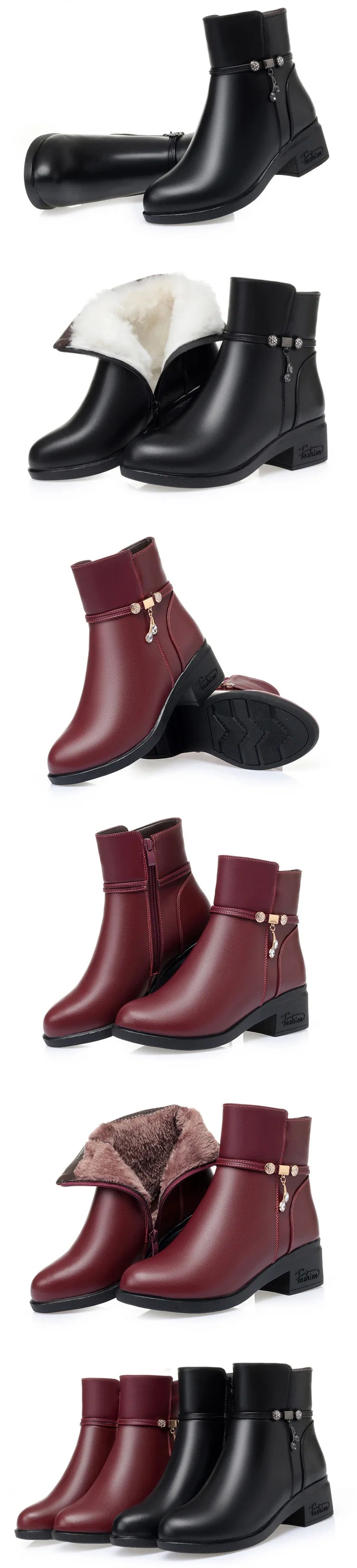 Women's Mother Female Genuine Leather Shoes Ankle Boots Winter Fur Plush Wool Warm Zipper