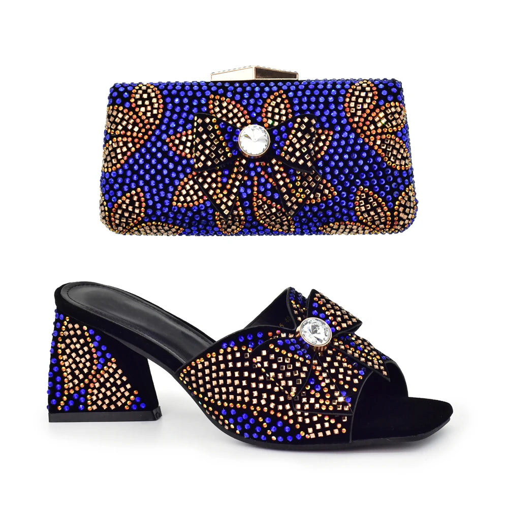 Nigeria Popular Design African Ladies Shoes and Bag Set Decorated with Rhinestone Wedding Shoes Bride Peep Toe Low Black Heels