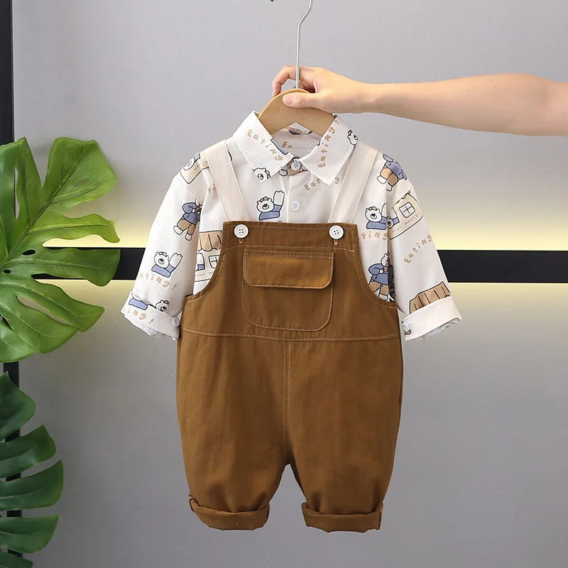 Herfst kinderkledingset kinderen schattige cartoon beer shirt + effen overall jongens 2 stuks dunne stijl outfit 1-3 jaar unisex