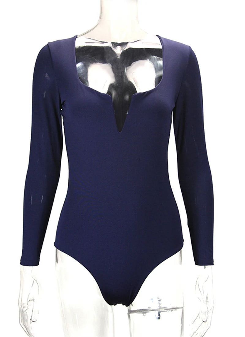 Sexy V-hals skinny jumpsuit voor dames, eenvoudig, comfortabel, effen, lange mouwen, jumpsuit voor dagelijks gebruik, jumpsuit met overhemd en onderstuk.