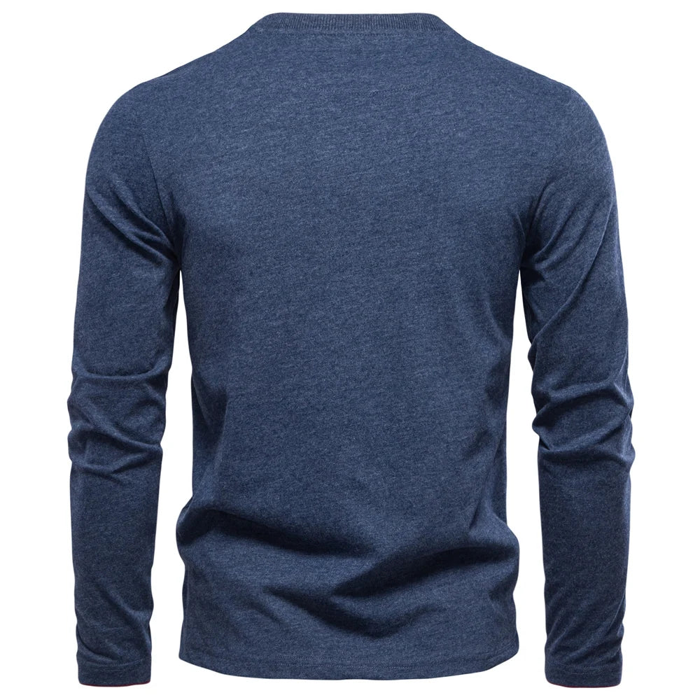 Men's Henley Collar Casual T-Shirt Solid Colour Long Sleeve Autumn Fashion High Quality 100% Cotton Male T-Shirts