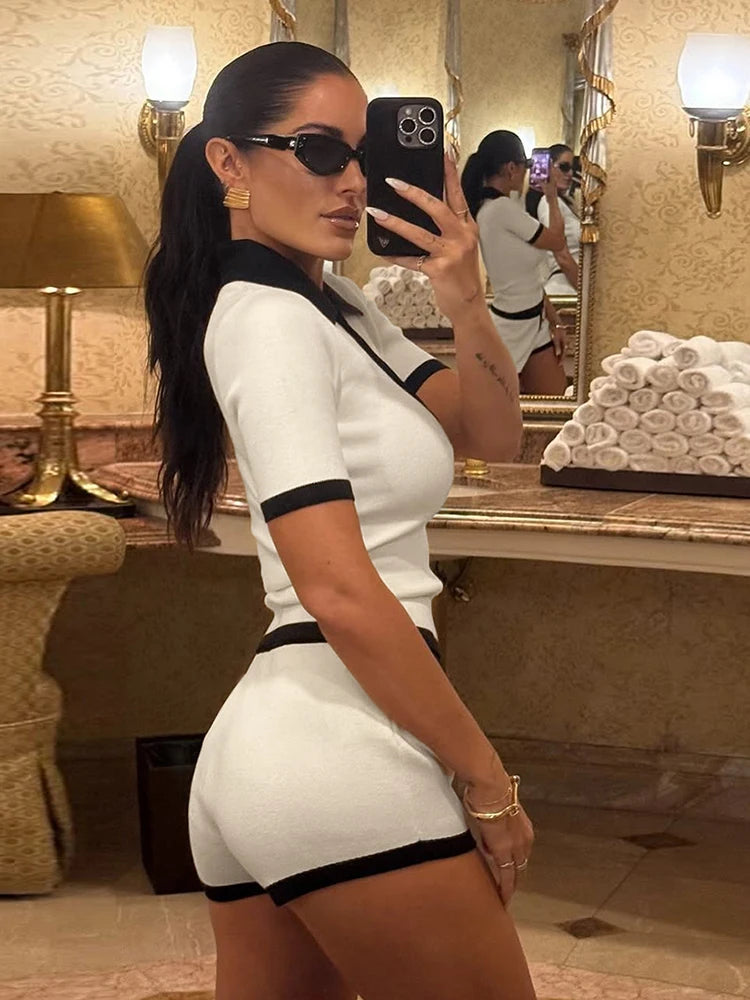 Casual 2piece Set Women Tracksuit Summer Hipster Polo Neck Crop Tops + Button Shorts Matching Skinny Stretch Streetwear