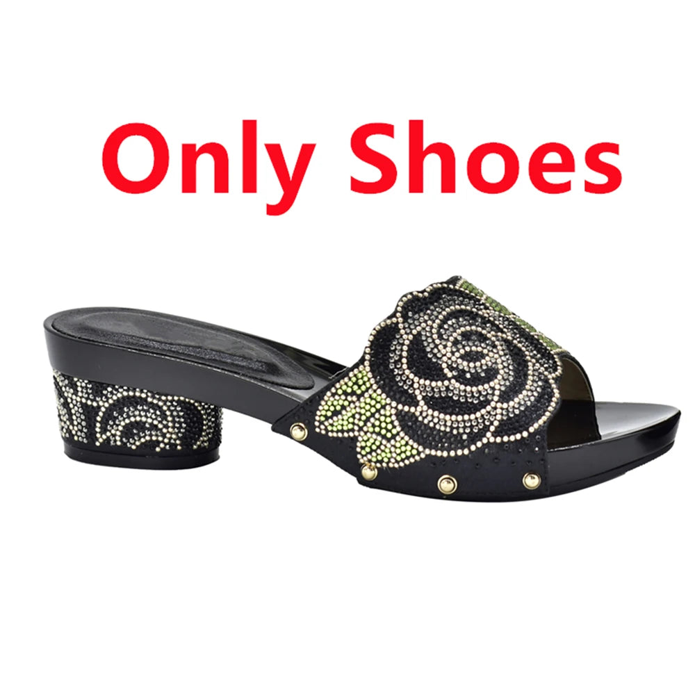 Women's Italian Shoes with Matching Bags Set Decorated with Rhinestone Open Toe Ladies' Slippers Shoes