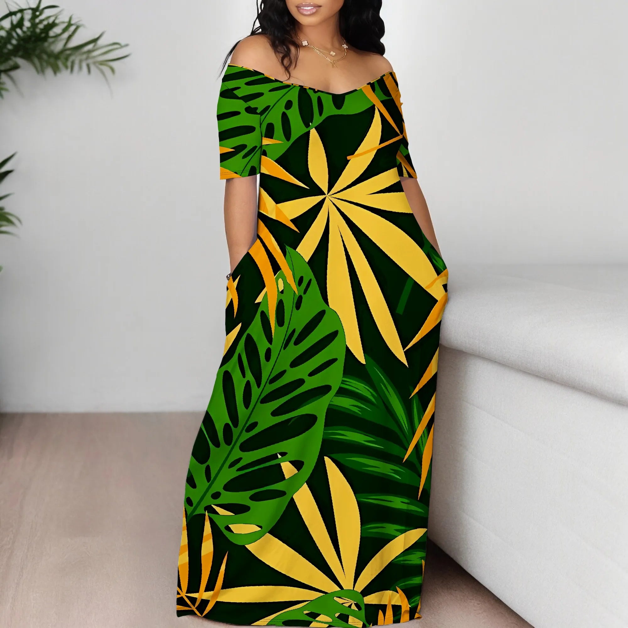 Summer Off Shoulder Maxi Dress Green Yellow Bold Leaf Print Women Holiday Beach Dress