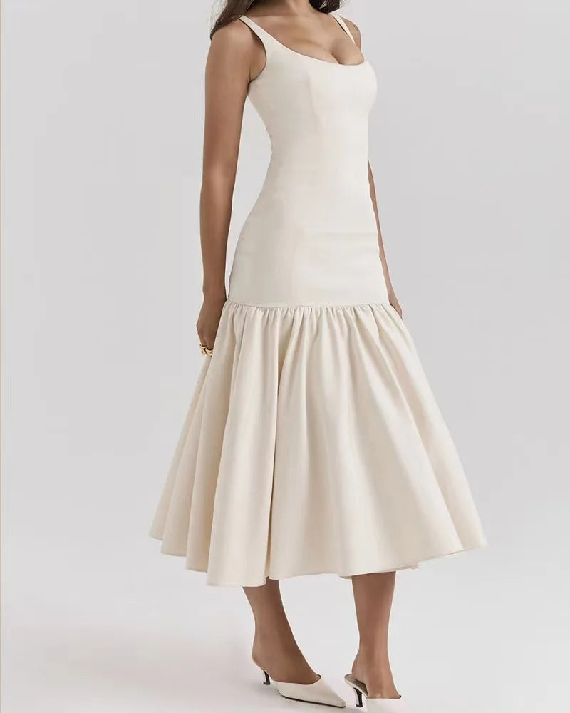 Elegant Ruffles Spliced Suspenders Long Dress Women Slim Square Collar Sleeveless Vestidos Summer Fashion Female Party Robe