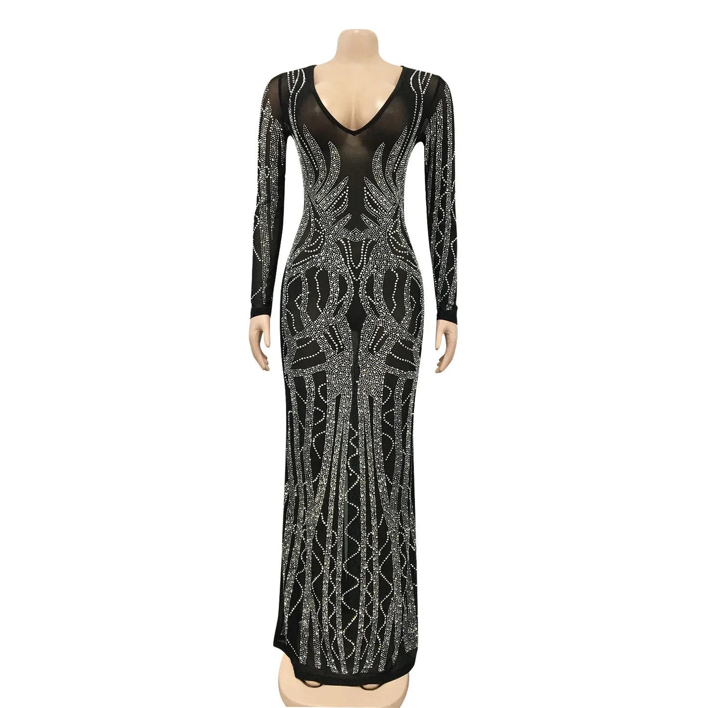 Sexy Rhinestone Sheer Mesh Long Sleeve Decor Party Dress