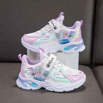 Girls' Casual Shoes Frozen Princess Elsa Sneakers Mesh Leather White Breathable Sole Children's Sport Shoes Size 26-37