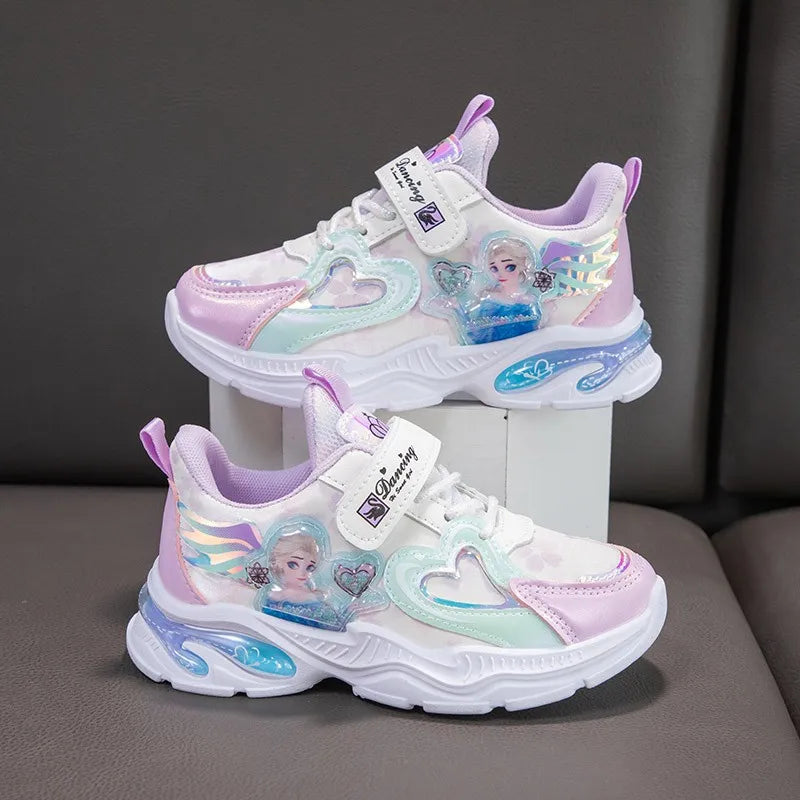Girls' Casual Shoes Frozen Princess Elsa Sneakers Mesh Leather White Breathable Sole Children's Sport Shoes Size 26-37
