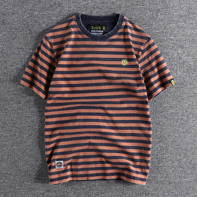 Summer New Japanese Retro Short Sleeve Striped T-shirt Men's Fashion 100% Cotton Slim Simple Round Neck Washed Old Casual Tops