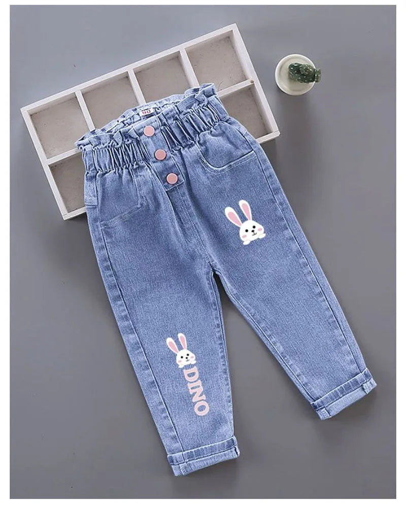 New Spring Kids Jeans Girls Boys Cute Embroidery Cherry Flower Denim Blue Pants Children Outwear Trousers 4-6Y Unisex