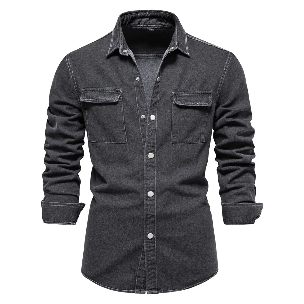 Men's 100% Cotton Denim Shirts Solid Colour Double Pocket Casual Long Sleeve Shirts Autumn Thickened Shirts For Men