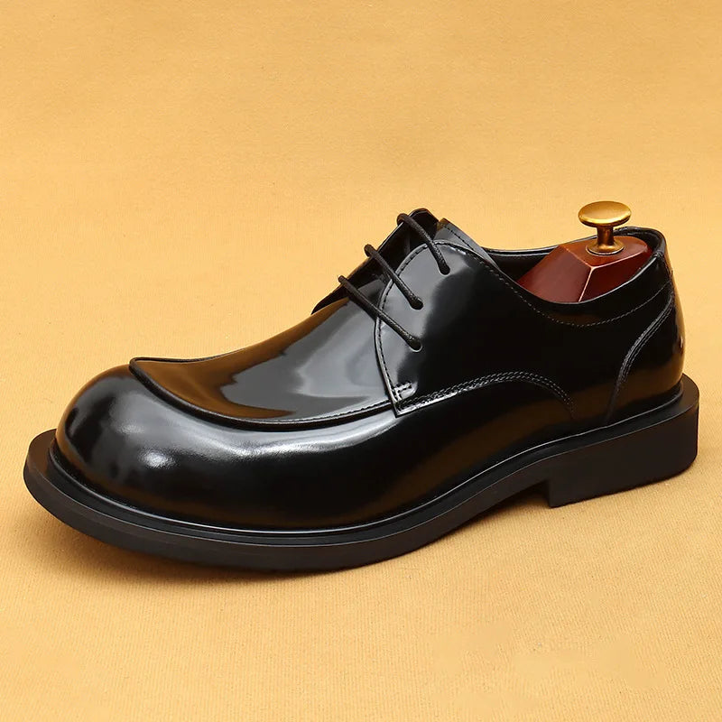 Men's business lace up casual leather shoes British big toe shoes cowhide patent leather round toe derby shoes Retro men's shoes