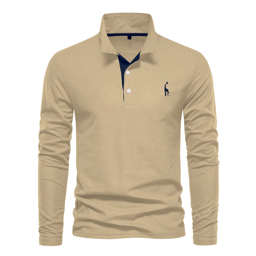 New Men's Deer Embroidery Polo Shirts Solid Colour Long Sleeve Social Business Male