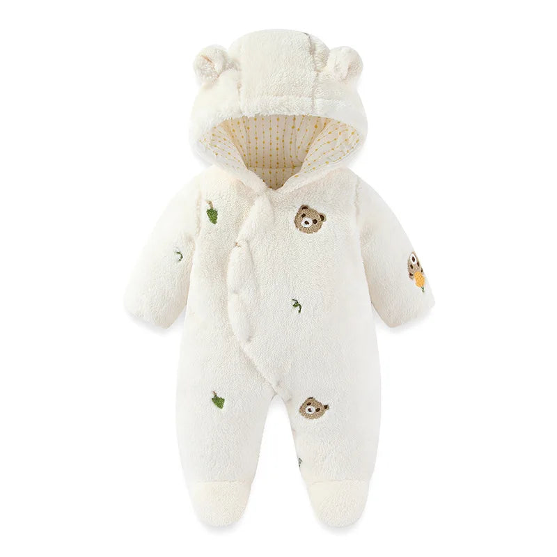 Winter New-born Warm Clothes Cotton Padded Toddler Fur Lining Hoodie Footie Jumpsuits