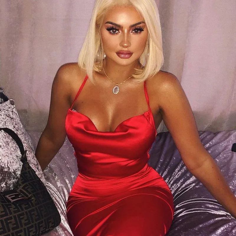 Neon Satin Lace Up Women's Long Midi Dress Light Pink Bodycon Backless Elegant Party Sexy Club Clothes Summer Dinner Outfit