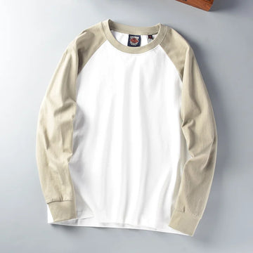 Autumn New American Retro Long Sleeve O-neck Contrast Splicing T-shirt Men's Fashion 100% Cotton Washed Old Casual Sport Tops