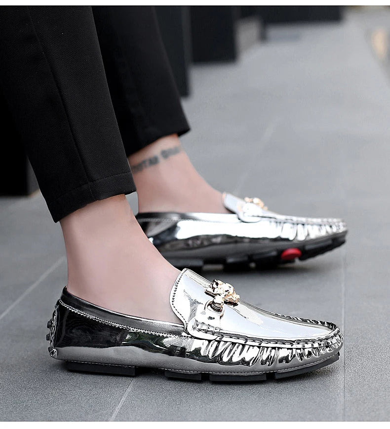 Stylish England Gentleman Casual Moccasin Shoes White Silver Mens Formal Dress Wedding Shoes Large Size 38-48 Youth Loafers