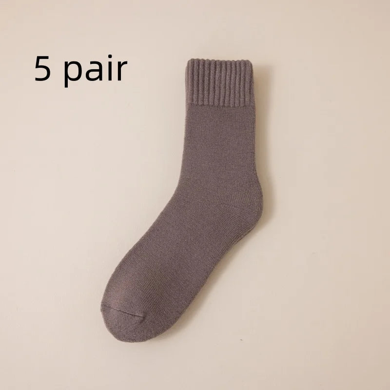 5 Pairs Men's Merino Wool Socks Winter Thickened Warm Cashmere Socks Fashion Solid Colour Terry Socks