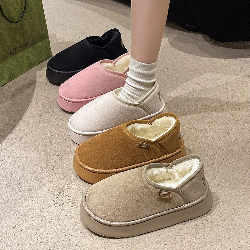 Women's Winter Warm Fuzzy Lining Cotton Shoes Fur Fluffy Slippers For Indoor and Outdoor Use With Anti-Skid Plush Thick Sole Cotton Shoes