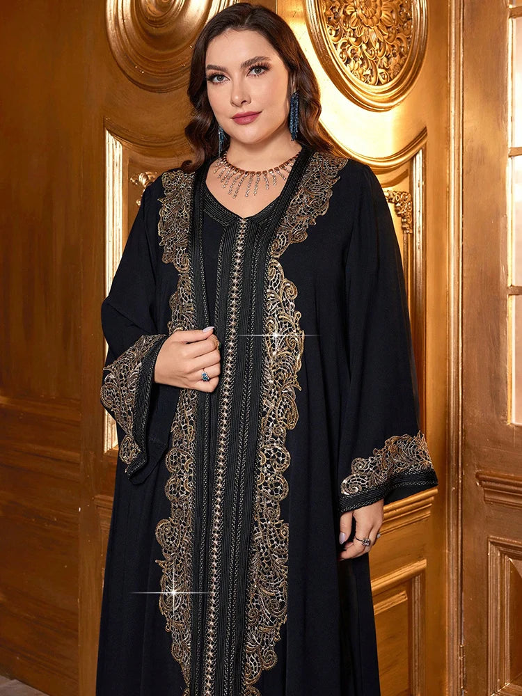 Women's Plus Size Elegant Sequin Water Soluble Lace Decorated Long Flare Sleeve Coat With Matching Dresses For Spring/Summer