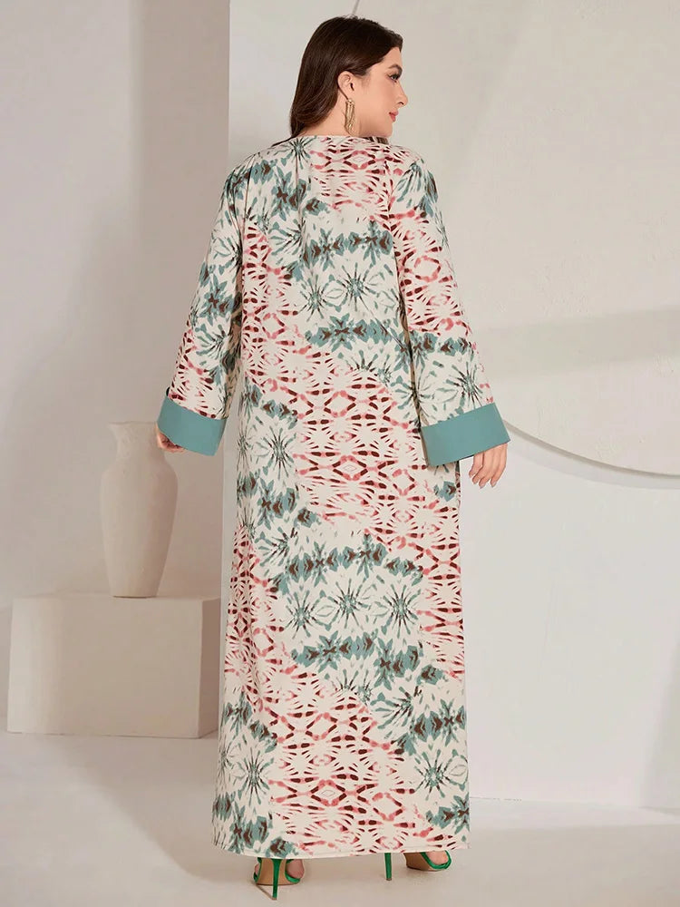 Women's Summer Print A-Line Abaya Elegant Long Dresses Plus Size Tie-Dye & Patchwork Woven Belt Arabic Clothing For Ladies