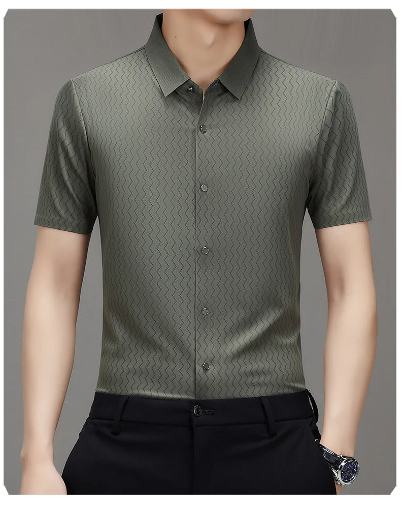 Men's Summer Lapel Shirt, Slim Fit Short-Sleeved, Fashion Dark Pattern Knitted Fabric Polo Shirt