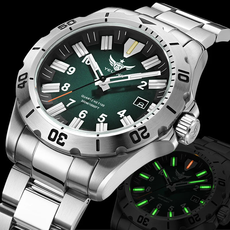 YELANG V1036 42mm Men's Quartz Watch Luminous Display Japan Movement 30ATM Waterproof Stainless Steel Band with Luminous Hands