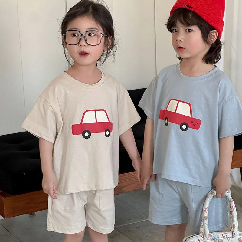 New Summer Kids Clothes Suit Children Cute Cartoon Car T-shirt + Shorts Boys Thin Style 2PCS Outfit 1-4Y Unisex