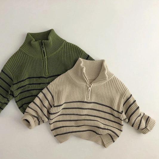 Autumn Stand Collar Kids Clothes Jacket Sweaters Classic Striped Boys Sweater Half Zipper Girls Knit Pullover Children Tops 1-6Y Unisex