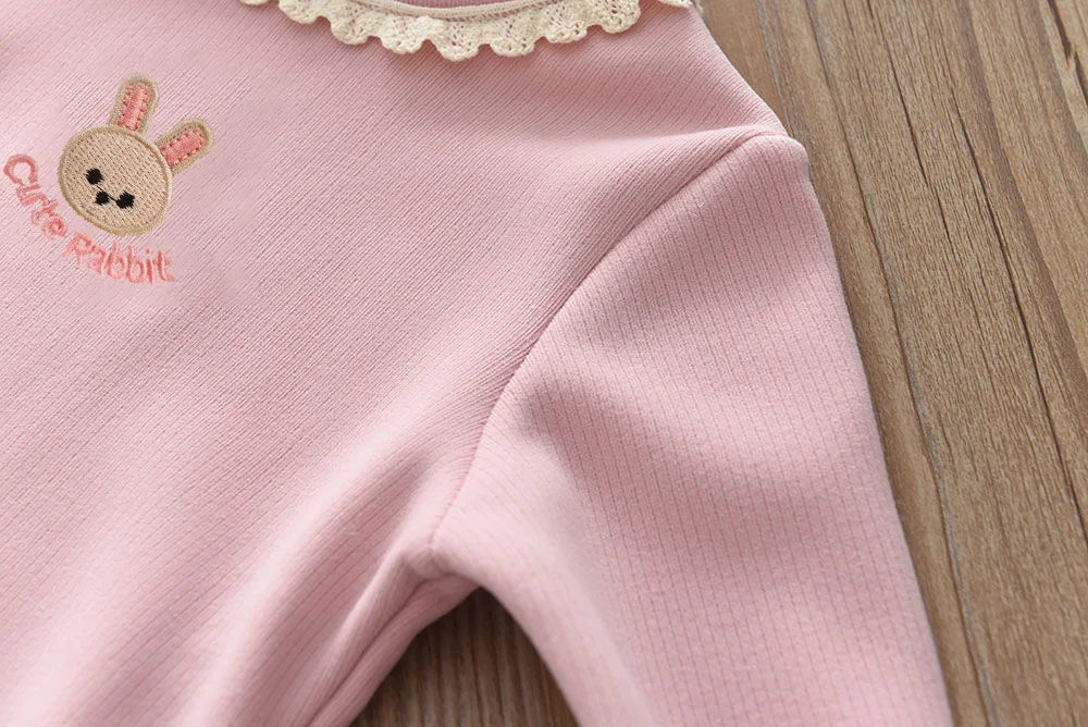 New Autumn Kids Fleece Padded Shirts Cute Embroidery Rabbit Girls Thicken Blouse Versatile Warm Children Lace Tops 1-9T Girls