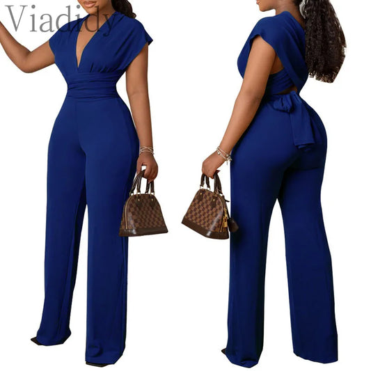 Women Solid Color V-Neck Short Sleeve Slim Waist Back Lace-Up Jumpsuit