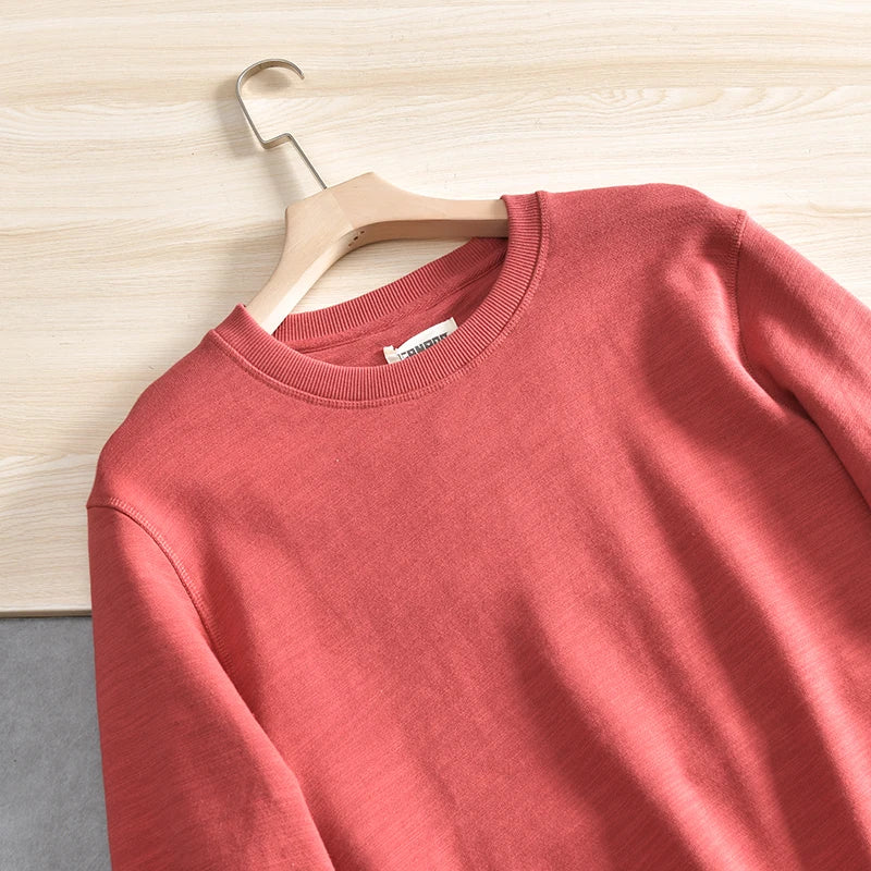 Spring New American Retro Long Sleeve O-neck Solid Color Sweatshirts Men's Simple 100% Cotton Washed Pullover Casual Sportwear