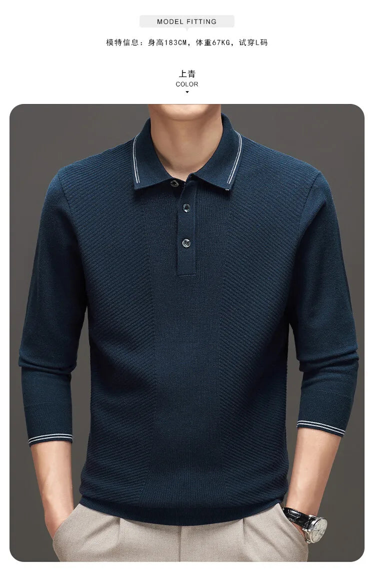 Men's Solid Colour Business Casual Polo Shirt, Suitable For Daily Commute, Pullover Sweater, Warm Knitted Long-Sleeved Cardigan