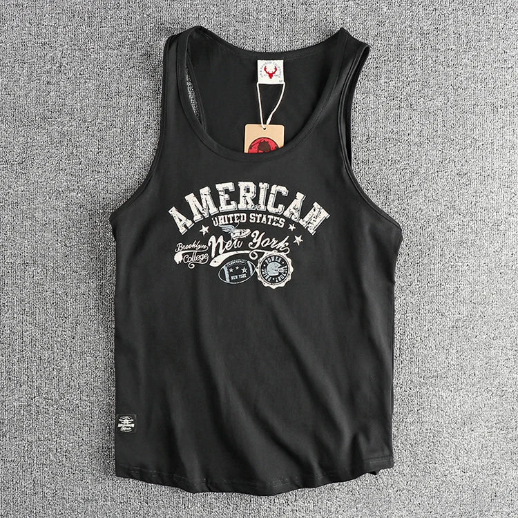 Summer New American Retro Sleeveless O-neck Letter Printed T-shirt Men's Fashion 100% Cotton Washed Casual Sports Vest Tops